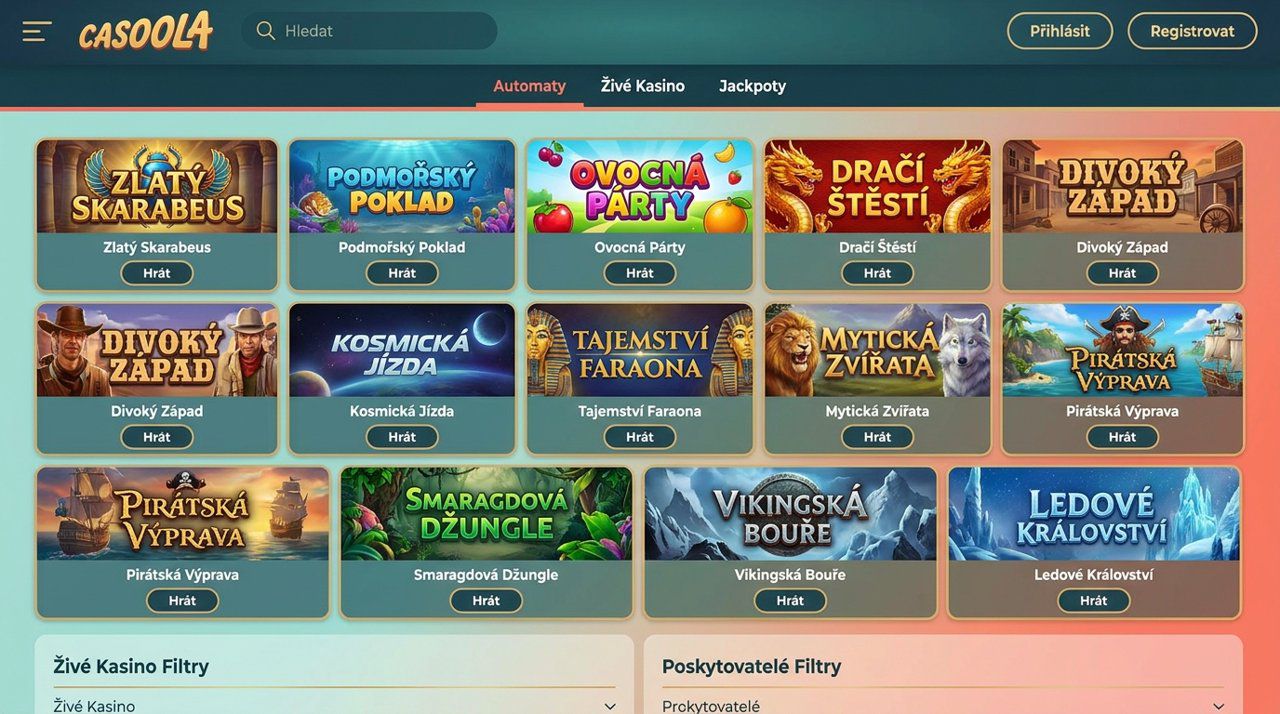 Úvodní stránka online casina Casoola s nabídkou automatů, živého kasina a jackpotů