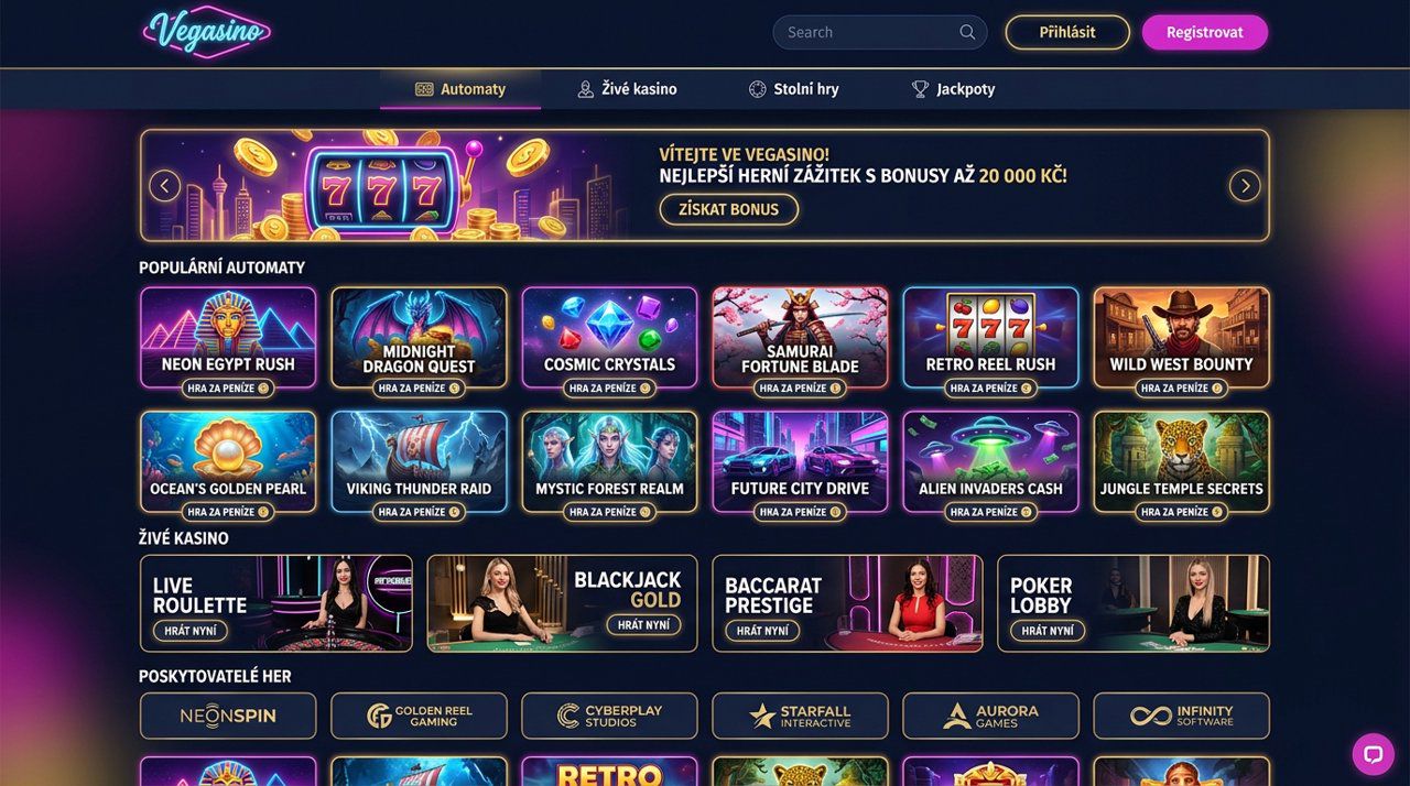 Úvodní stránka online kasina Vegasino s nabídkou automatů a živého kasina