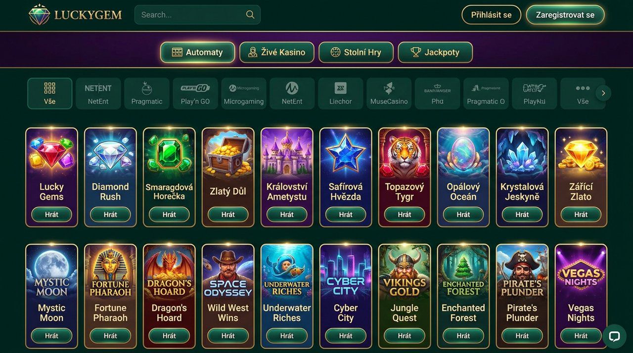 Úvodní stránka online casina Luckygem s nabídkou automatů a kategoriemi her