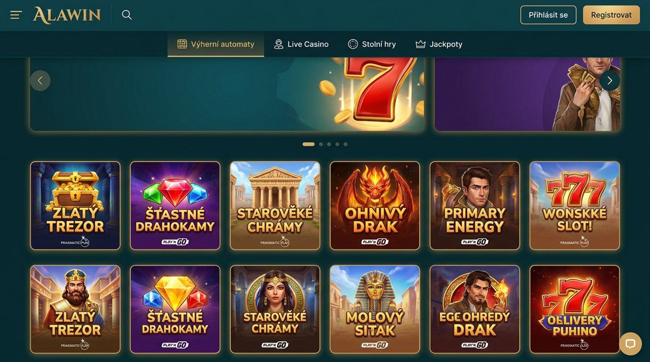 Úvodní stránka online kasina Alawin s nabídkou automatů a živého kasina