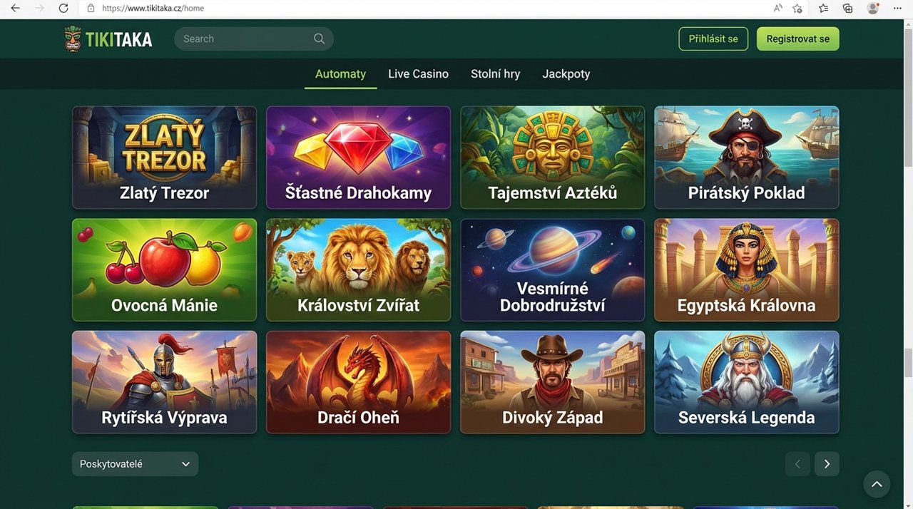 Snímek domovské stránky online kasina Tikitaka s kategoriemi her a nabídkou automatů